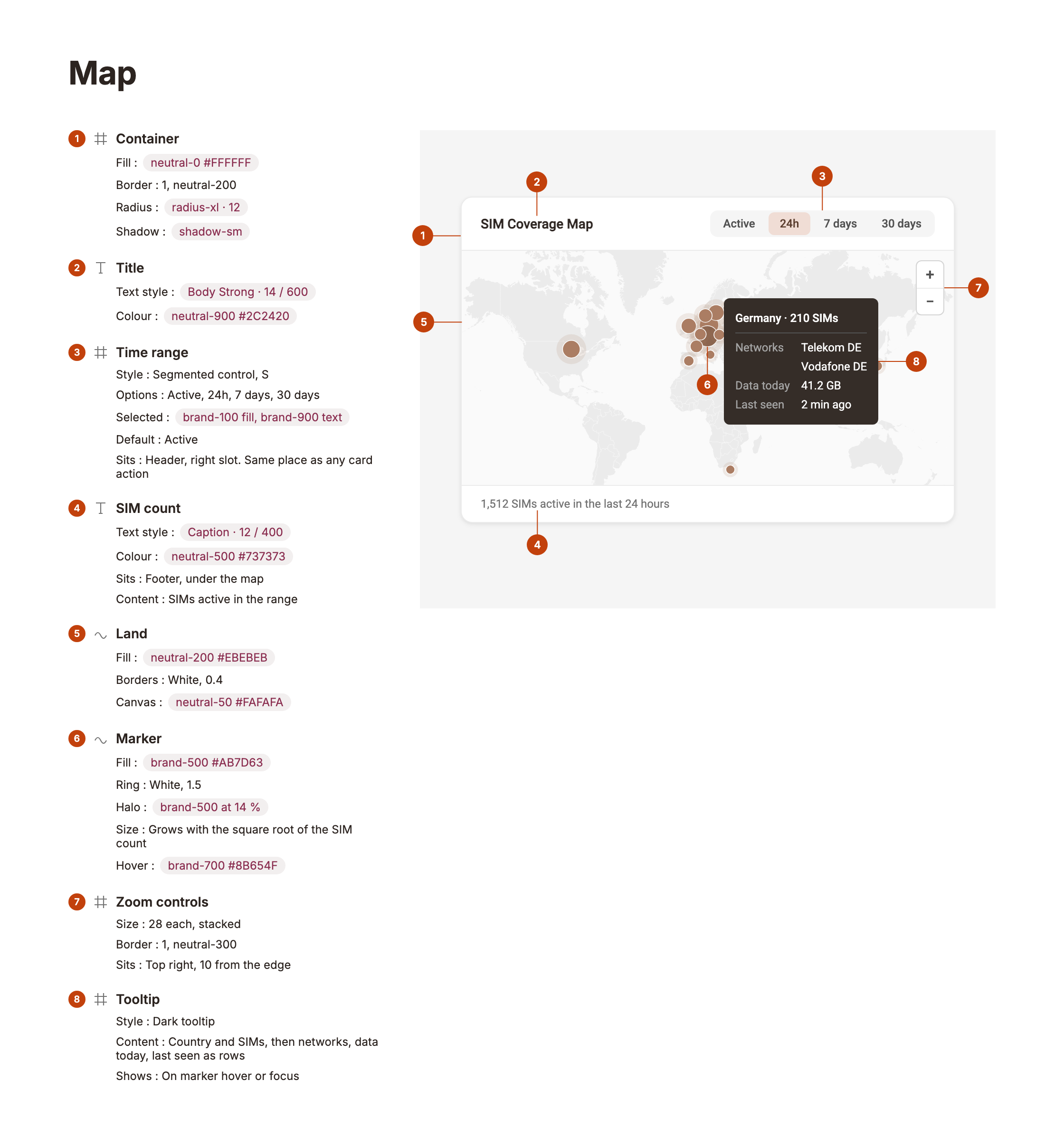 Map anatomy: container, title, time range, SIM count, land, marker, zoom controls, tooltip
